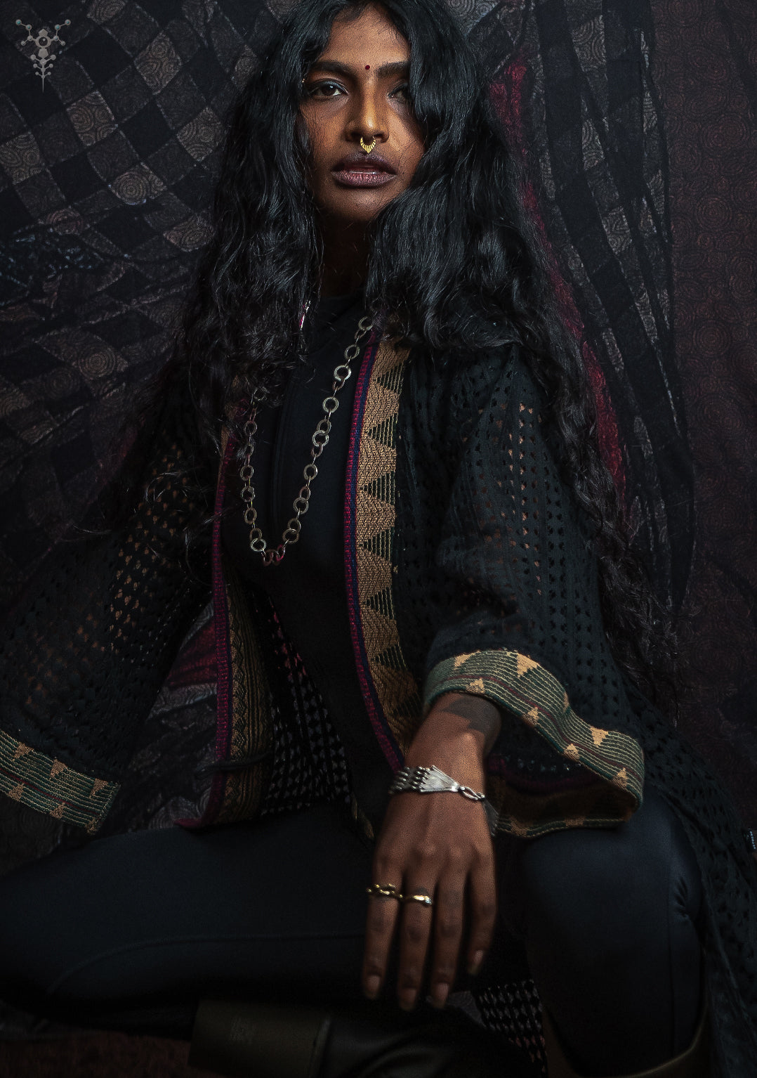 Open Kimono / Net Jaquard Border - Black NAGALAND